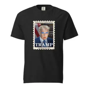 Black T-shirt featuring a stylized image of a person resembling Trump with the word 'TRAMP'.