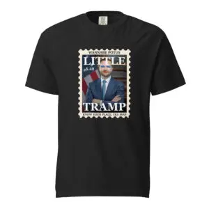 Black T-shirt with a graphic of Donald Trump styled like a postage stamp.