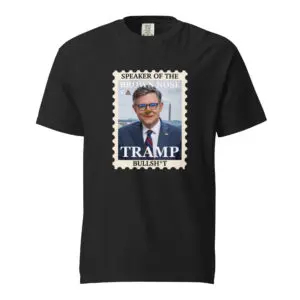 Black T-shirt with a Trump postage stamp design.