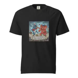 Black t-shirt with a colorful graphic of two animated characters.