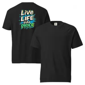 Black V-neck T-shirt with colorful 'Live Life No Price' text on the back.