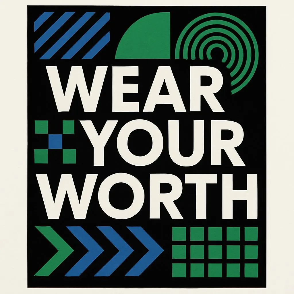 Graphic design with the phrase 'Wear Your Worth' and geometric patterns.
