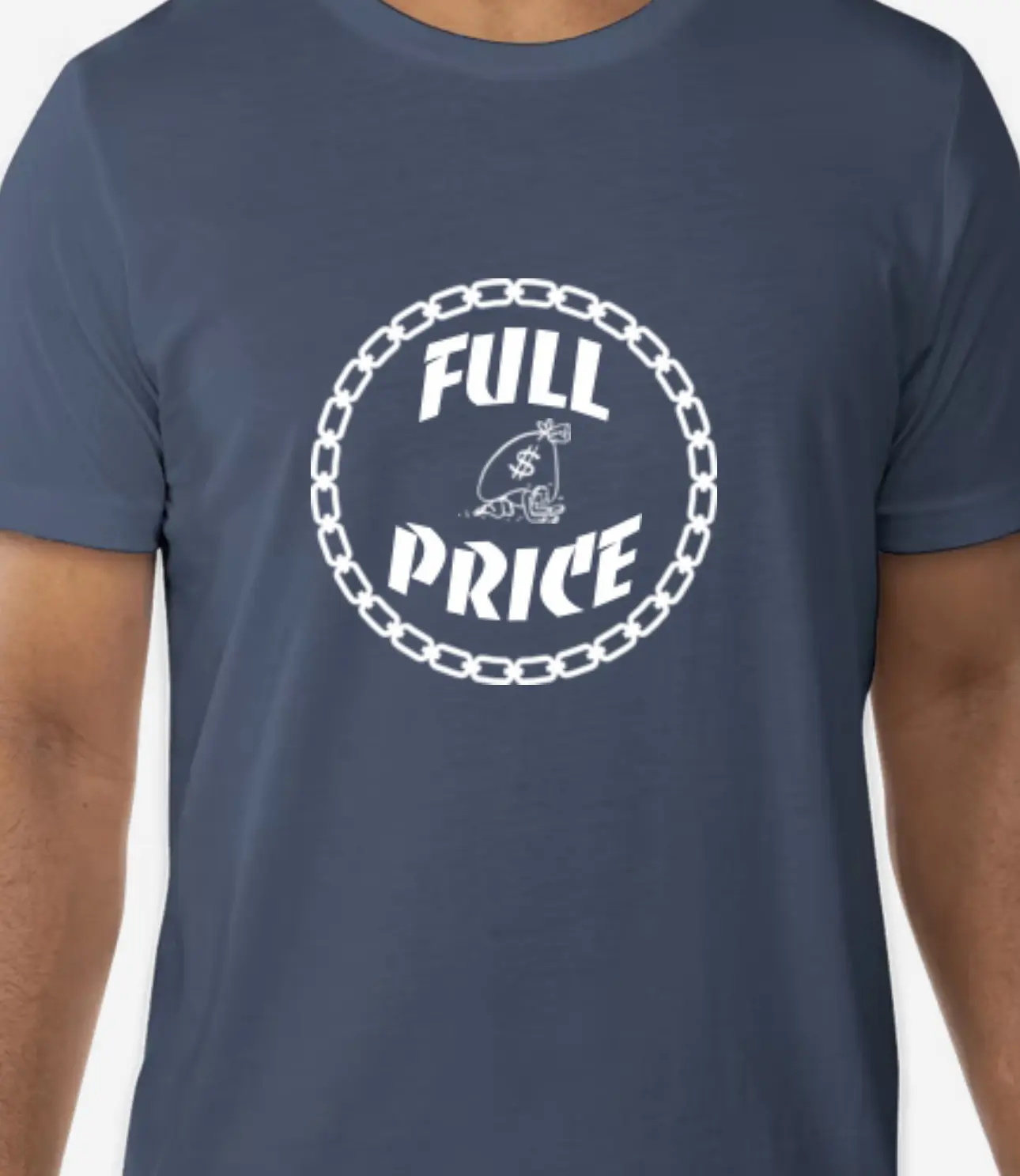 Navy blue t-shirt with a white circular logo that reads 'FULL PRICE'.