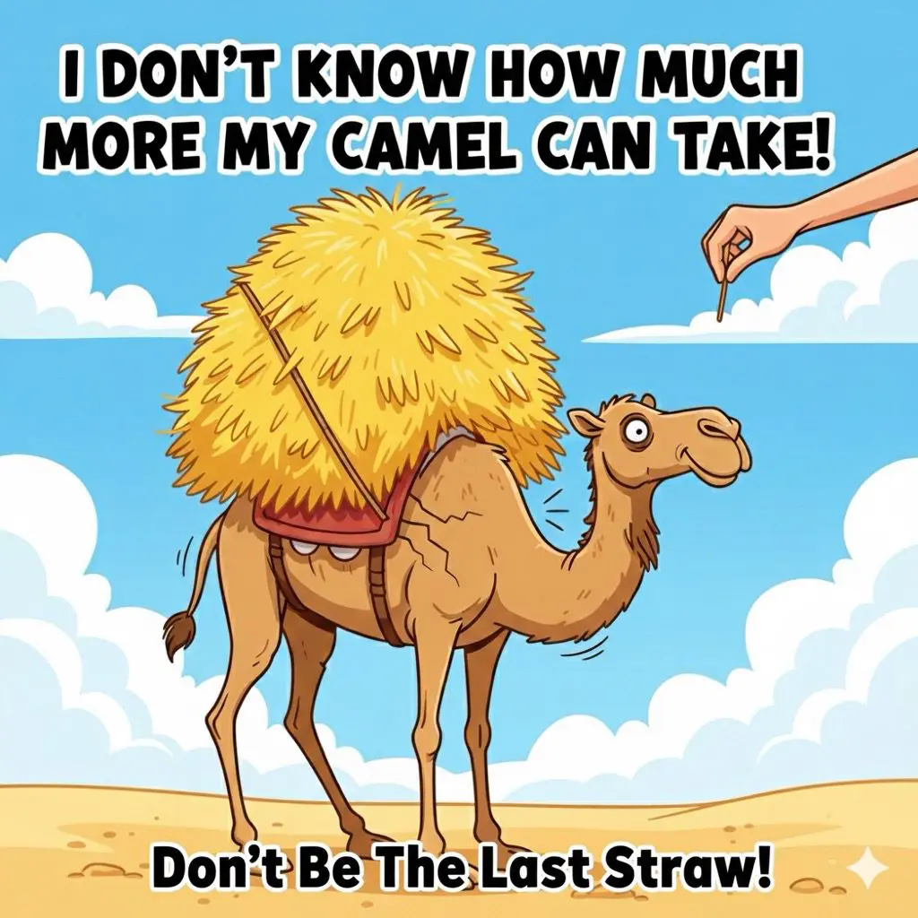 Cartoon camel overloaded with hay saying it can't take more.