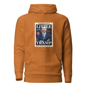Orange hoodie with a Trump postage stamp design on the front.