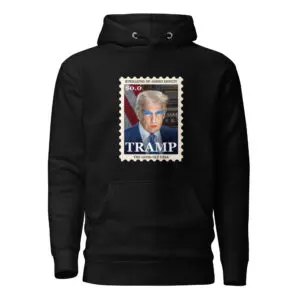 Black hoodie with a stamp-like image of Donald Trump and the word 'TRAMP'.