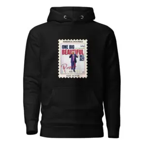 Black hoodie with a colorful graphic stamp design on the front.