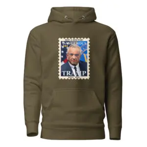 Olive green hoodie with a Trump postage stamp design.