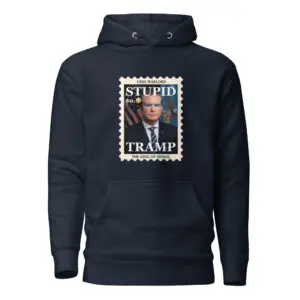 Black hoodie with a graphic of a man and the words 'STUPID TRAMP' on a stamp-like design.