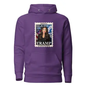 Purple hoodie with a graphic of a woman and the word 'TRAMP'.