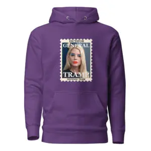 Purple hoodie featuring a postage stamp design with a woman's portrait.