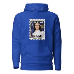 Blue hoodie with a graphic print of a woman and text.