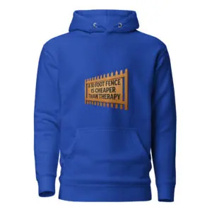 Blue hoodie with a brown graphic patch on the chest.