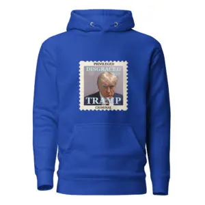 Blue hoodie with a graphic of a dog and the word 'TRUMP'.