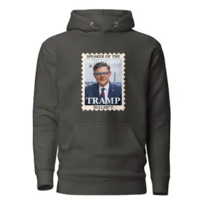 Dark hoodie with a Trump postage stamp design on the front.
