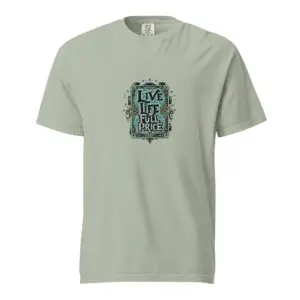 Light green t-shirt with a colorful 'Love the Sea' graphic on the chest.