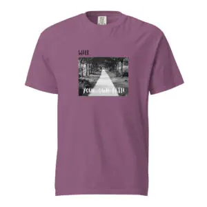 Purple t-shirt with a black-and-white photo print on the chest.