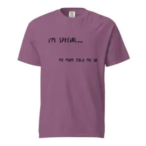 Purple T-shirt with English language humor text.