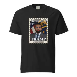 Black t-shirt with a Trump postage stamp design.