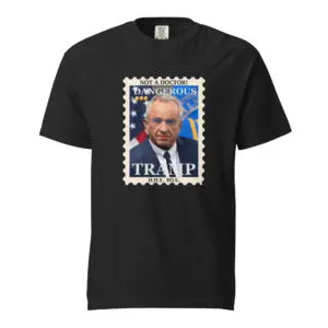 Black T-shirt with a political stamp design featuring a man's face and the word 'TRUMP'.