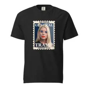 Black t-shirt with a postage stamp design featuring a woman's portrait and text.