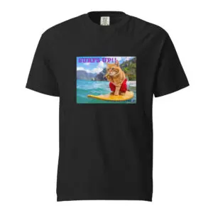 Black T-shirt featuring a surfing dog graphic with text.