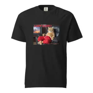 Black t-shirt featuring a photo of a woman and a man in a red shirt.