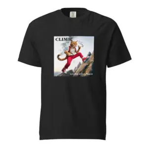 Black t-shirt featuring a surrealistic image of a man in red pants and a white shirt.