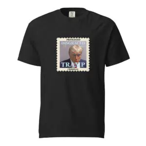 Black T-shirt with a postage stamp design featuring Donald Trump and the word 'TRUMP'.
