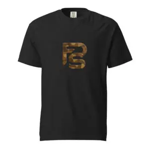 Black t-shirt with a camo-patterned stylized letter design.
