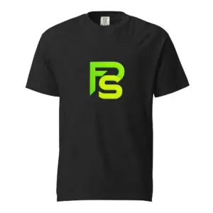 Black t-shirt with a neon green stylized logo on the front.