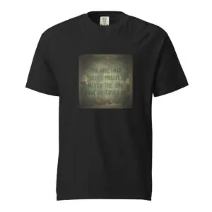 Black T-shirt with a vintage-style inspirational quote graphic on the front.