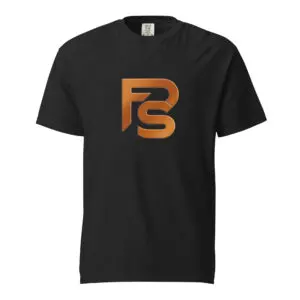 Black t-shirt with a bold orange "F2S" logo on the front.