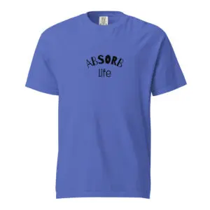 Blue t-shirt with black text design on front.