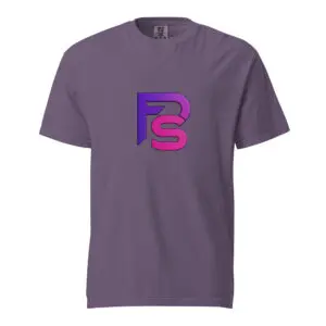 Purple T-shirt with a stylish pink and blue PS logo.