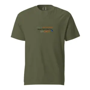 Olive green t-shirt with colorful text design on front.