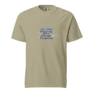 Beige T-shirt with motivational text in blue.