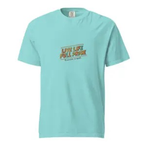 Light blue t-shirt with colorful text design on the front.