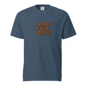 Navy blue T-shirt with orange text "Give Up Full Price."