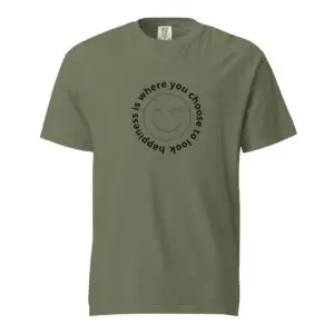 Green t-shirt with circular black text design.