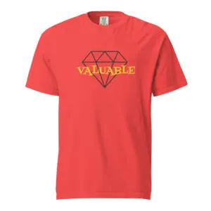 Red T-shirt with a yellow diamond and the word 'Valuable' printed on it.