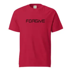 Red t-shirt with the word 'FORGIVE' printed in black.