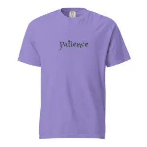 Purple t-shirt with the word 'Patience' printed in black.