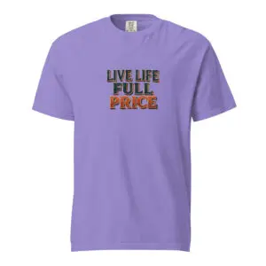 Purple T-shirt with 'LIVE LIFE FULL PURGE' text design.
