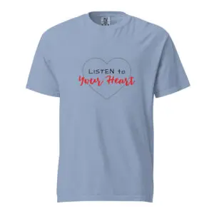 Light blue T-shirt with text design.