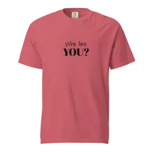 Red t-shirt with the text 'Why her YOU?' printed on it.
