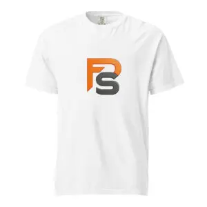 White t-shirt with a bold 'PS' logo in orange and gray on the front.