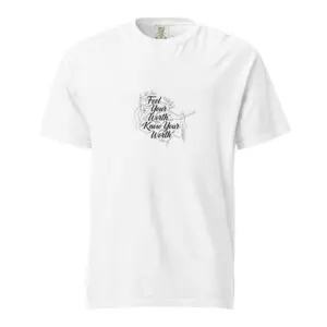 White t-shirt with a simple black text design on the left chest area.