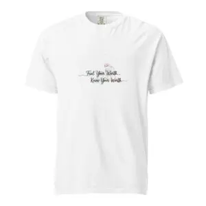 White t-shirt with a minimalist black text design in the center.