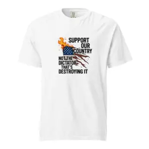 White T-shirt with a patriotic American design and message.